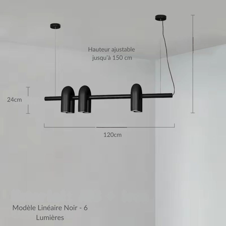 Suspension linéaire noire de 120 cm à six lumières tubulaires en U, style moderne graphique
