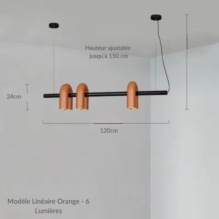 Suspension orange linéaire à six lumières en forme de U sur barre noire, design coloré et original