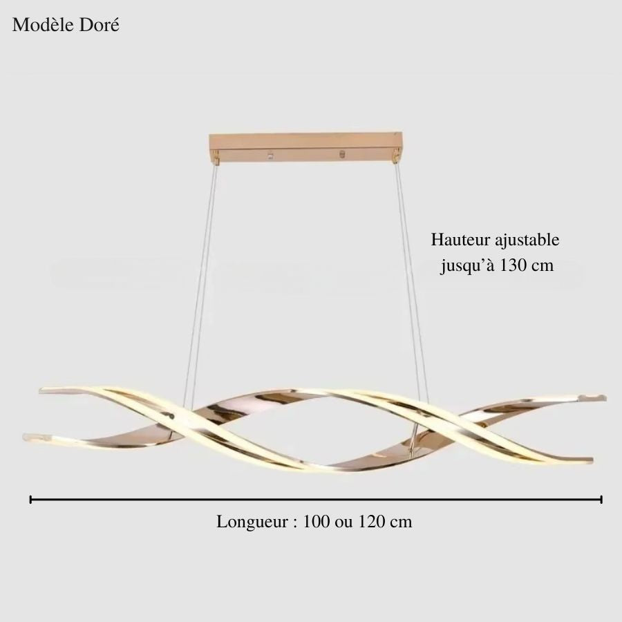 Dimensions de la suspension LED dorée à rubans entrelacés, disponible en 100 ou 120 cm, avec hauteur réglable jusqu'à 130 cm.