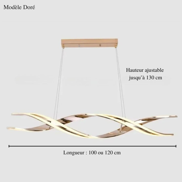 Dimensions de la suspension LED dorée à rubans entrelacés, disponible en 100 ou 120 cm, avec hauteur réglable jusqu'à 130 cm.