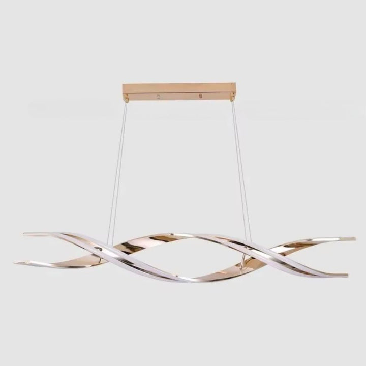 Vue de face d'une suspension linéaire à rubans LED entrelacés doré rose, aux courbes ondulantes et au design sculptural.