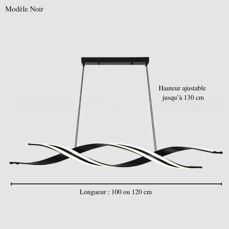 Schéma du luminaire linéaire noir aux rubans LED ondulés, en 100 ou 120 cm de long, avec câbles ajustables jusqu'à 130 cm.