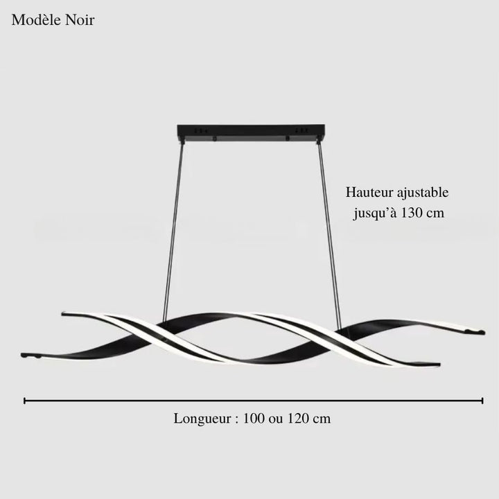 Schéma du luminaire linéaire noir aux rubans LED ondulés, en 100 ou 120 cm de long, avec câbles ajustables jusqu'à 130 cm.