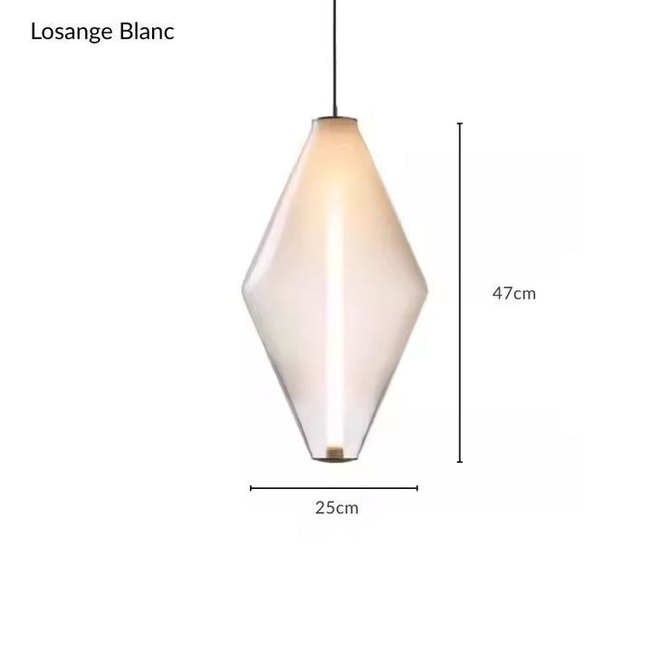 Suspension en verre blanc à silhouette losange de 47 cm, avec éclairage vertical et allure contemporaine
