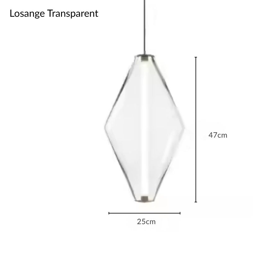 Forme losange en verre transparent de 47 cm, traversée par une ligne lumineuse au design graphique et épuré
