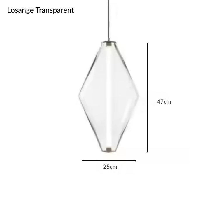 Forme losange en verre transparent de 47 cm, traversée par une ligne lumineuse au design graphique et épuré