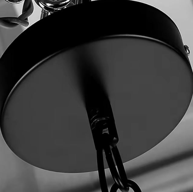 Détail de la fixation noire d’une suspension luminaire végétale, assurant stabilité et élégance avec les plantes.