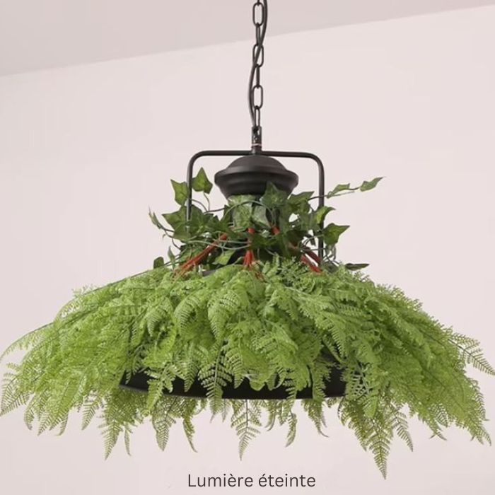 Suspension luminaire végétale, vue avec lumière éteinte, soulignant l’effet naturel et moderne du feuillage.