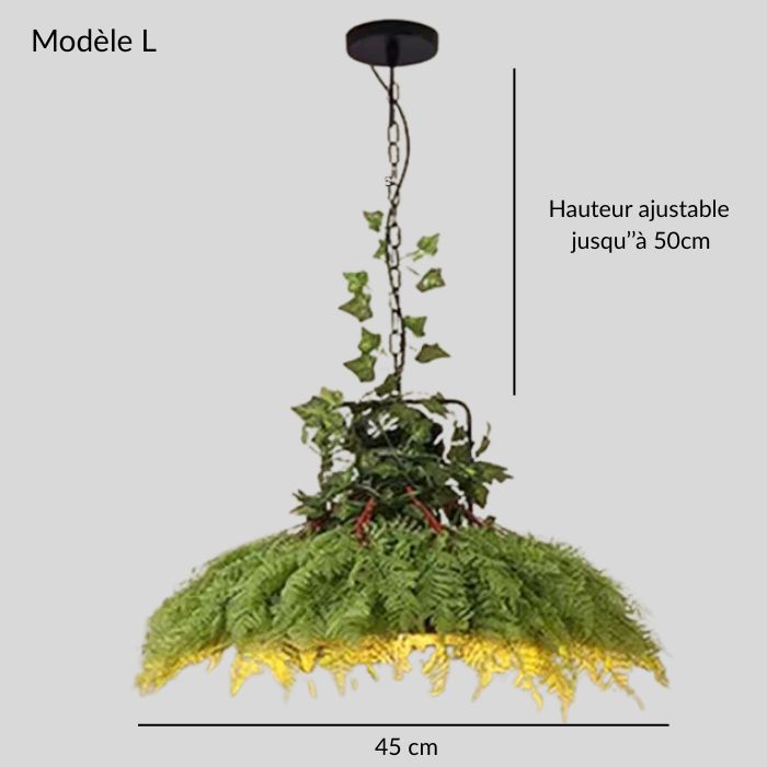 Suspension luminaire végétale modèle L, diamètre 45 cm, ornée de plantes pour une décoration naturelle et personnalisable.