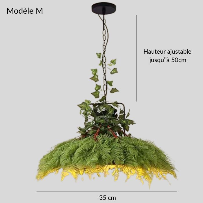 Suspension luminaire végétale modèle M, diamètre 35 cm, avec plantes décoratives et hauteur ajustable jusqu’à 50 cm.