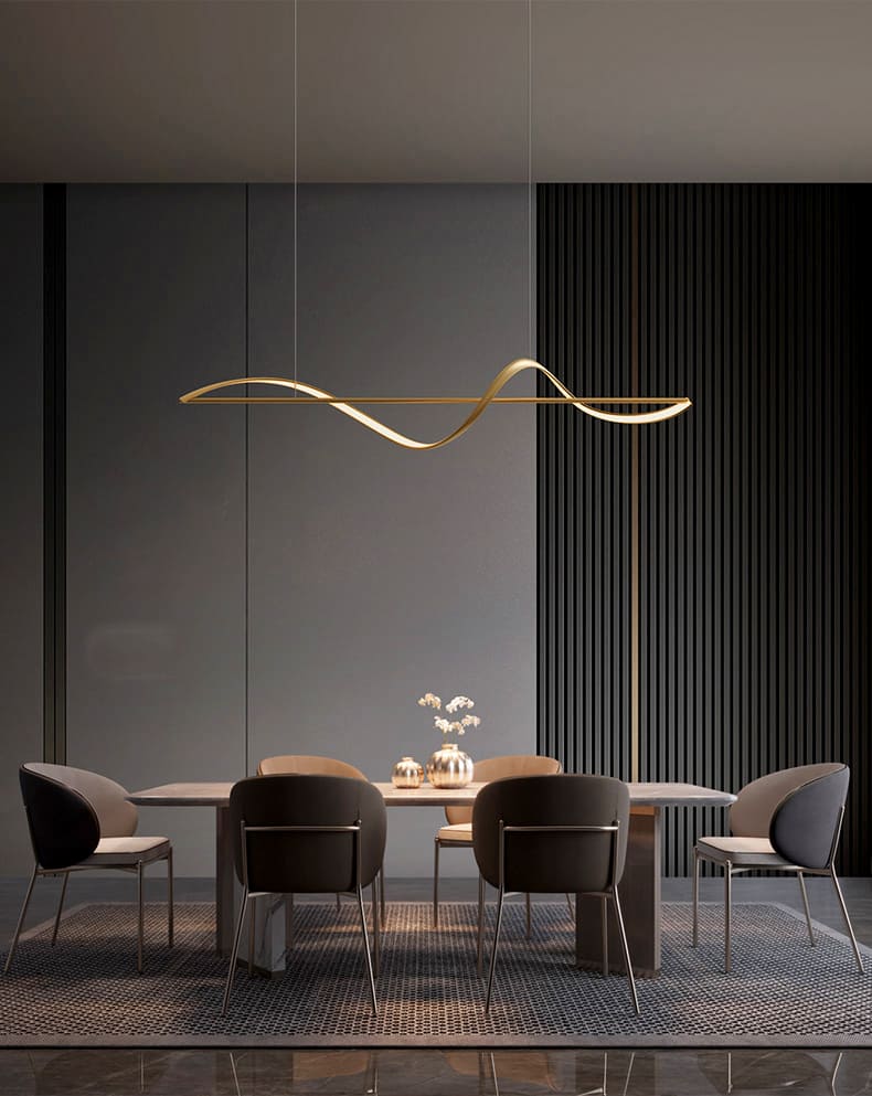 Suspension lumineuse contemporaine en ruban ondulé pour une ambiance chic au-dessus du coin repas.