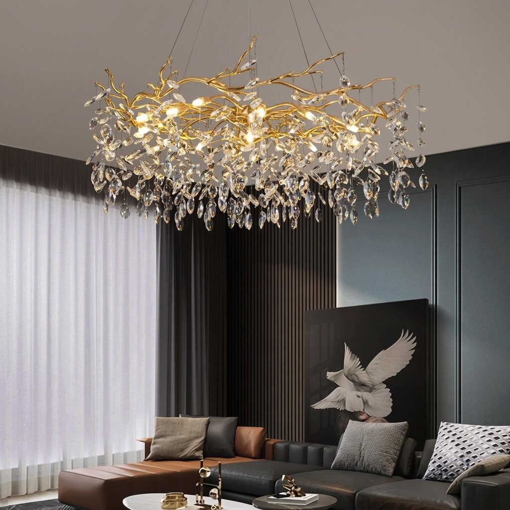 Suspension luxueuse en métal doré et éclats de verre, apportant une touche chic à un séjour contemporain.