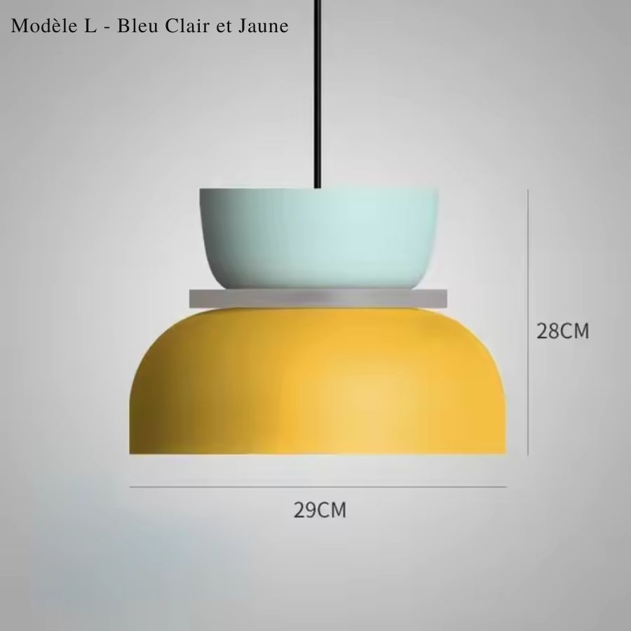 Version L de la suspension macaron bleu clair et jaune, aux volumes généreux et à l’esthétique pop colorée