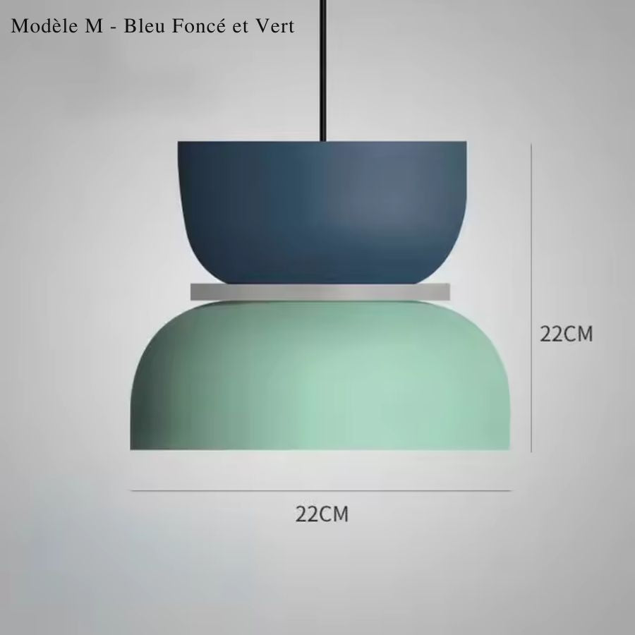 Suspension macaron modèle M bleu foncé et vert pastel, silhouette arrondie de 22 cm au style contemporain