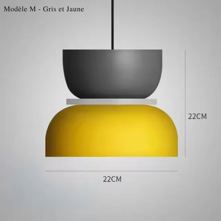 Suspension macaron M gris anthracite et jaune vif, contraste coloré inspiré du design moderne et rétro