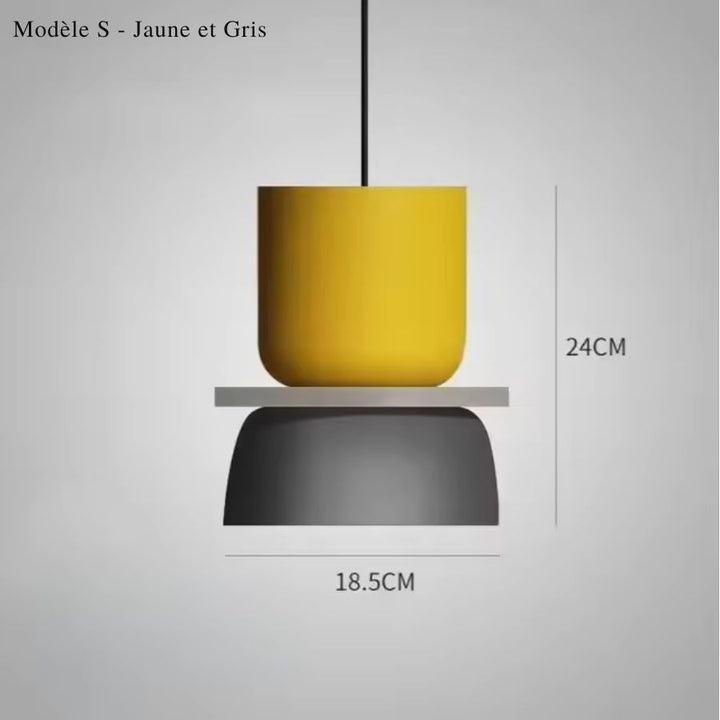 Suspension macaron modèle S jaune et gris, format compact de 18,5 cm au design graphique et contemporain