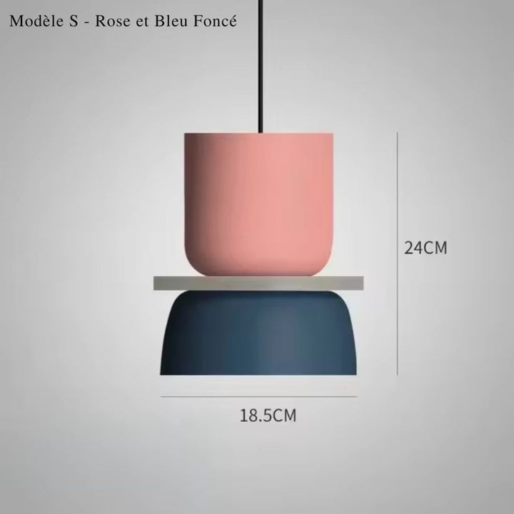 Suspension macaron modèle S rose et bleu foncé, design bicolore graphique de 18,5 cm de diamètre