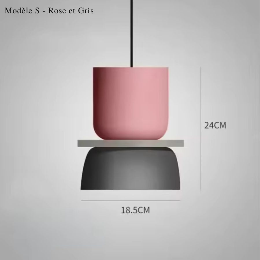 Design rose et gris pour cette suspension macaron modèle S, compacte et graphique avec diamètre de 18,5 cm