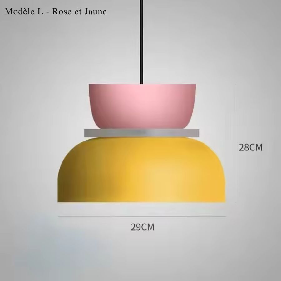 Déclinaison rose et jaune de la suspension macaron grand format, 29 cm de diamètre et esprit design ludique