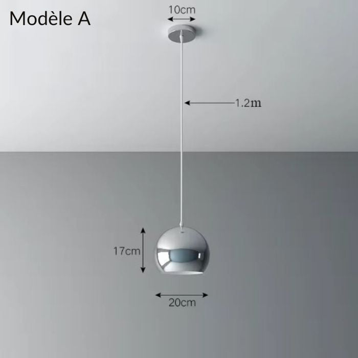 Suspension métal argenté modèle A, diamètre 20 cm, idéale pour une décoration contemporaine et un éclairage raffiné.