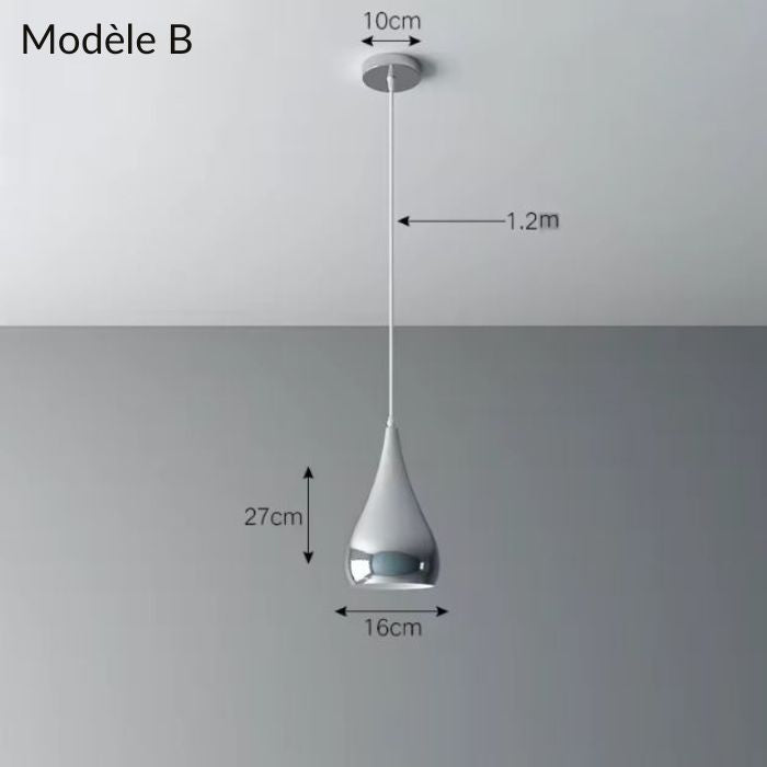 Suspension métal argenté modèle B, forme goutte élégante avec dimensions ajustables, parfaite pour un éclairage design.