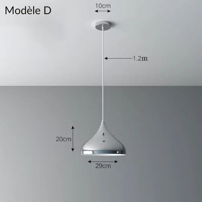 Suspension métal argenté modèle D, avec un diamètre de 29 cm, offrant un éclairage moderne et un design élégant.