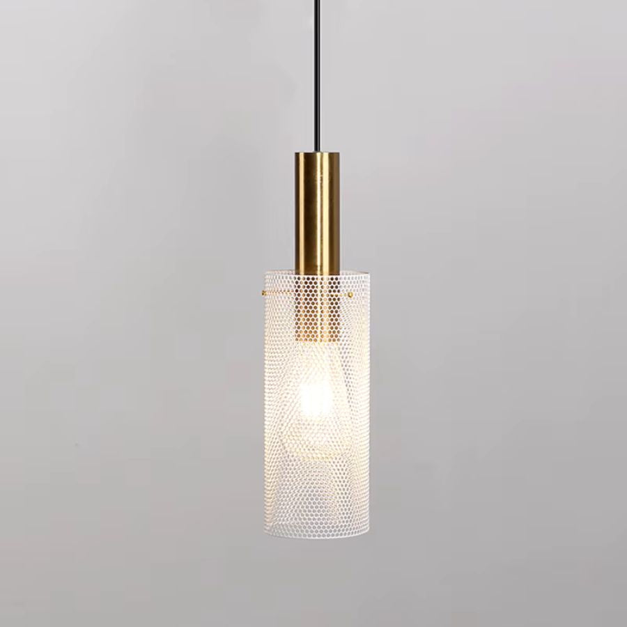 Modèle cylindrique avec abat-jour en métal ajouré blanc, finition dorée et ampoule visible au style moderne