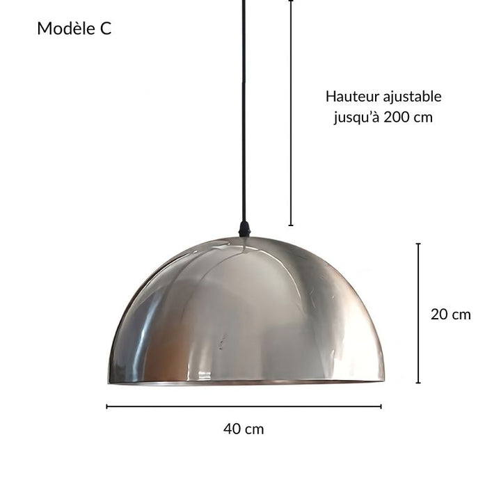 Grande suspension dôme en métal brillant de 40 cm au style contemporain épuré.