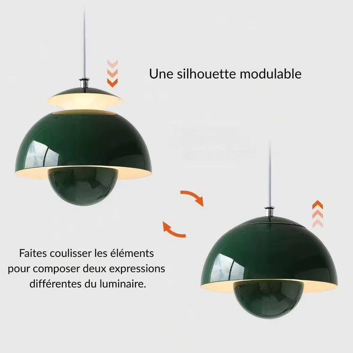 Suspension verte modulable à dôme et sphère coulissants, mêlant design rétro et allure sculpturale
