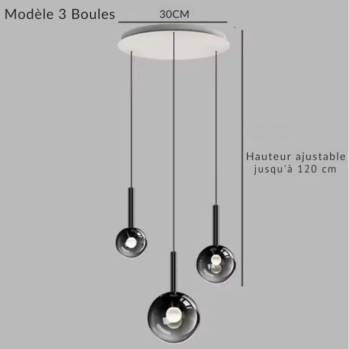 Suspension multiple 3 globes en verre fumé noir, plafonnier rond 30 cm, style moderne épuré.