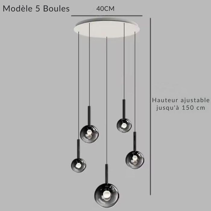 Plafonnier suspendu 5 globes en verre fumé noir, base 40 cm, esprit design contemporain.