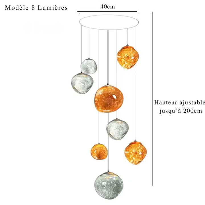 Schéma d'une suspension contemporaine à 8 boules ambrées et argentées, disposées en cascade sur une hauteur de 200 cm.