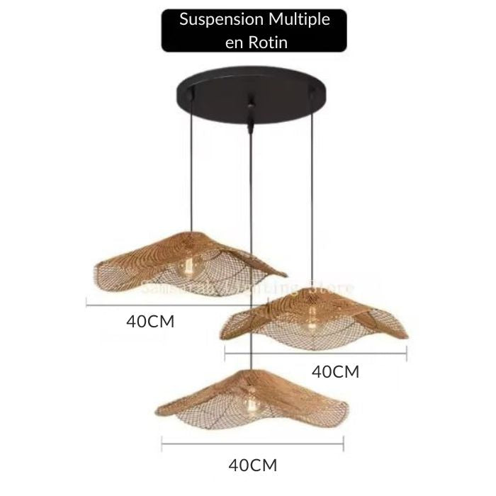 Suspension multiple en rotin avec dimensions de 40 cm, idéale pour un éclairage naturel et élégant dans un intérieur moderne.