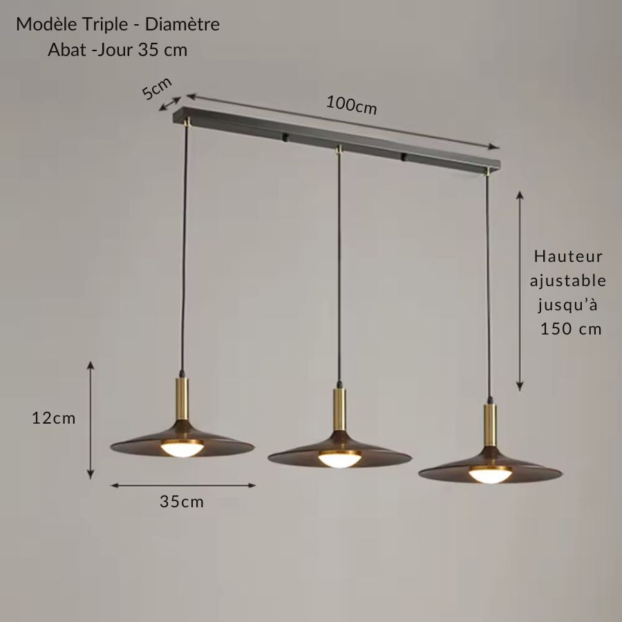 Modèle triple à trois abat-jour soucoupe effet bois de 35 cm sur une structure linéaire de 100 cm