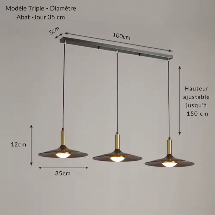 Modèle triple à trois abat-jour soucoupe effet bois de 35 cm sur une structure linéaire de 100 cm