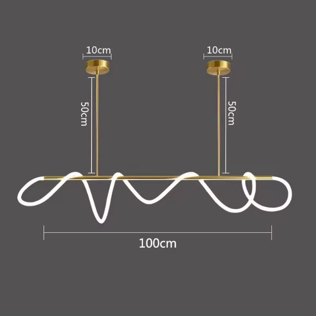 Suspension néon LED dorée au design ondulé, dimensions 100 cm, idéale pour un éclairage moderne et sophistiqué.