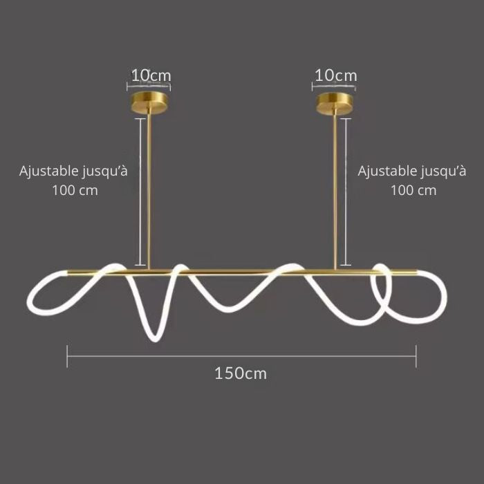 Suspension néon LED dorée au design ondulé, dimensions 150 cm, avec hauteur ajustable pour un éclairage élégant.