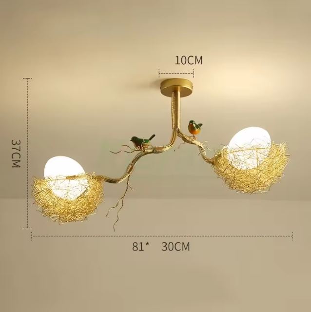 Suspension nid d'oiseau double avec détails dorés et dimensions précises, idéale pour un salon.