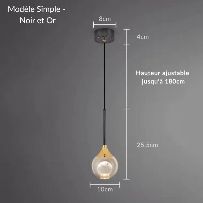 Suspension design noir et or avec globe en verre lumineux, style moderne et élégant, parfaite pour cuisine, chambre salon ou salle à manger.