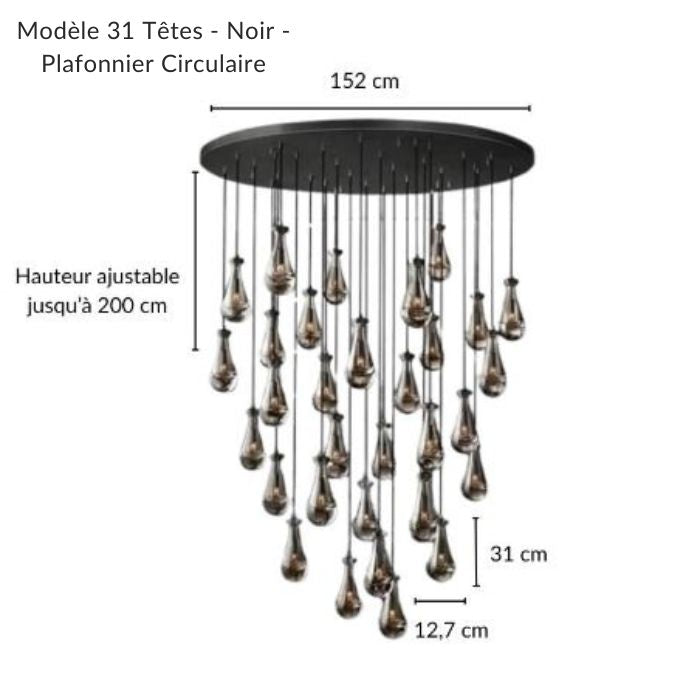 Impressionnante suspension noire avec une large grappe de gouttes d'eau, pièce maîtresse pour un hall d'entrée.