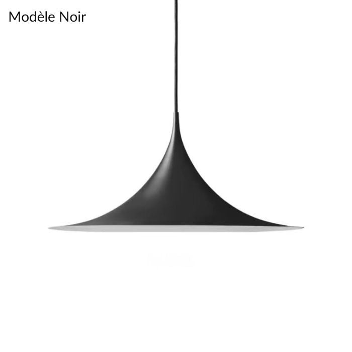 Modèle noir de suspension à large profil effilé, inspiré du bauhaus et du design italien épuré.