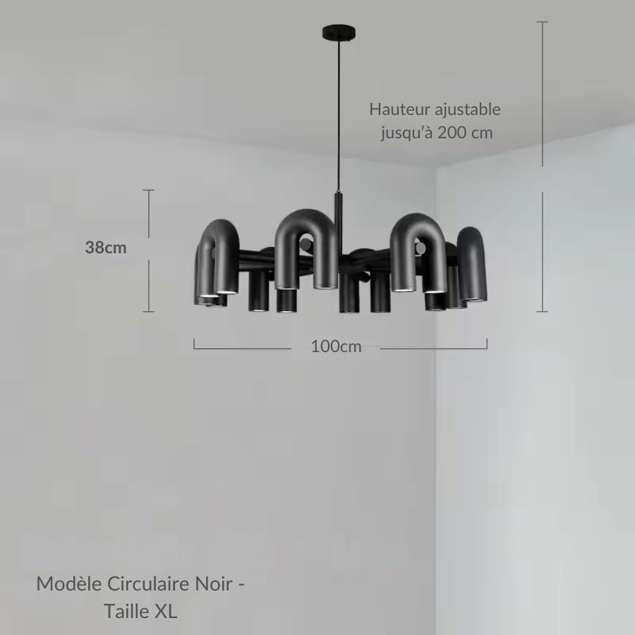 Suspension circulaire noire de 100 cm à tubes recourbés, esthétique architecturale et design minimaliste