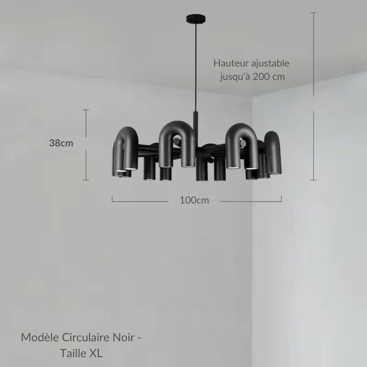 Suspension circulaire noire de 100 cm à tubes recourbés, esthétique architecturale et design minimaliste