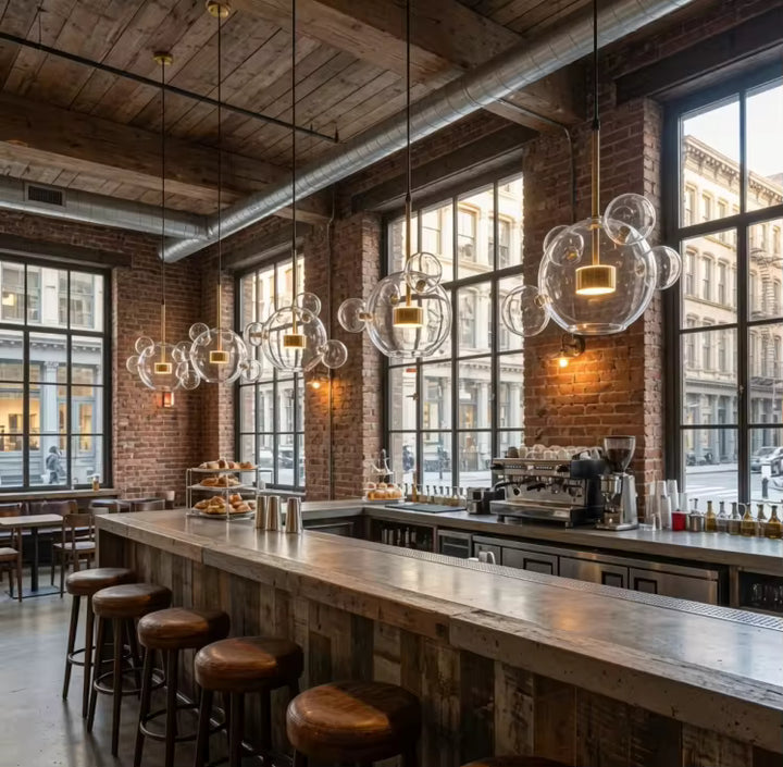 Alignées au-dessus d'un comptoir en bois, quatre suspensions à bulles de verre soufflé habillent un café au style industriel.