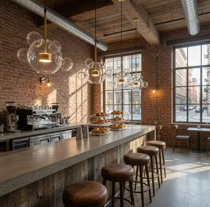 Quatre suspensions nuage de bulles en verre soufflé transparent éclairent un café aux murs de briques et au style loft industriel.