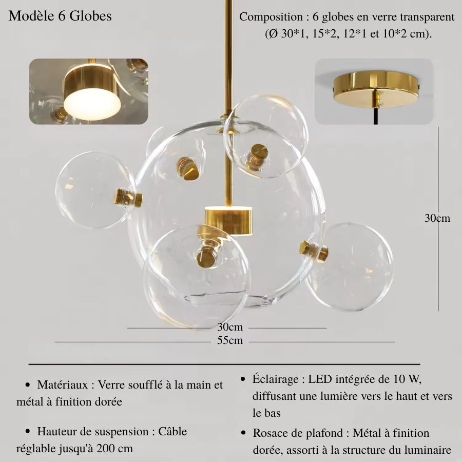 Composée de 6 sphères en verre soufflé transparent, cette suspension nuage de bulles affiche un style moderne et sculptural.