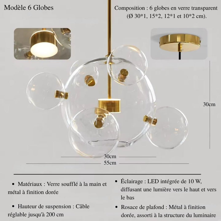 Composée de 6 sphères en verre soufflé transparent, cette suspension nuage de bulles affiche un style moderne et sculptural.