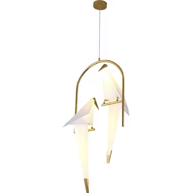 Suspension oiseau origami double avec arche dorée, idéale pour un éclairage élégant et moderne dans un intérieur raffiné.