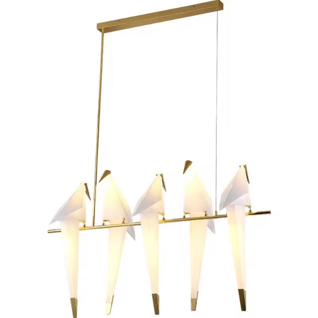 Suspension oiseau origami en ligne avec cinq oiseaux lumineux sur une branche dorée, idéale pour un éclairage moderne et raffiné.