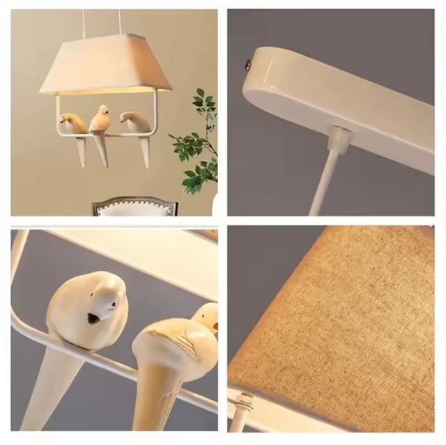 Vue détaillée d'une suspension luminaire avec oiseaux sur branche, mettant en avant le design et les finitions modernes.